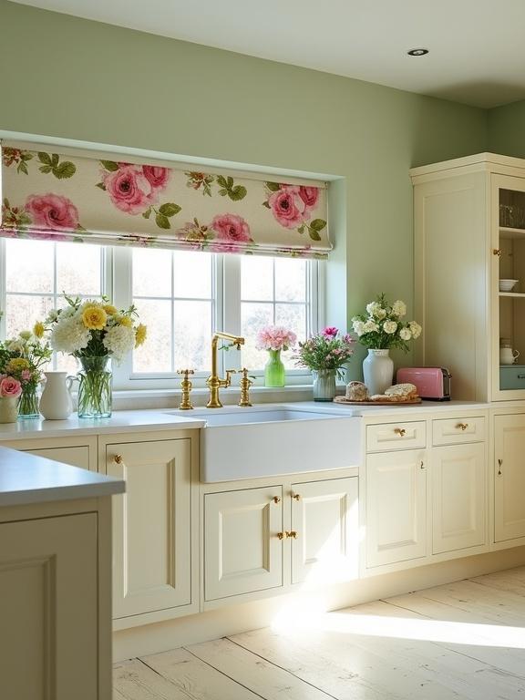 A bright and airy kitchen featuring cream-colored cabinets with brass handles. A large farmhouse sink sits in the center with a brass faucet. A floral blind covers a big window, allowing sunlight in. The walls are pale green, and the floor is light wood. Decorative elements include fresh flowers and a white pitcher. Strong natural light creates a welcoming feel.