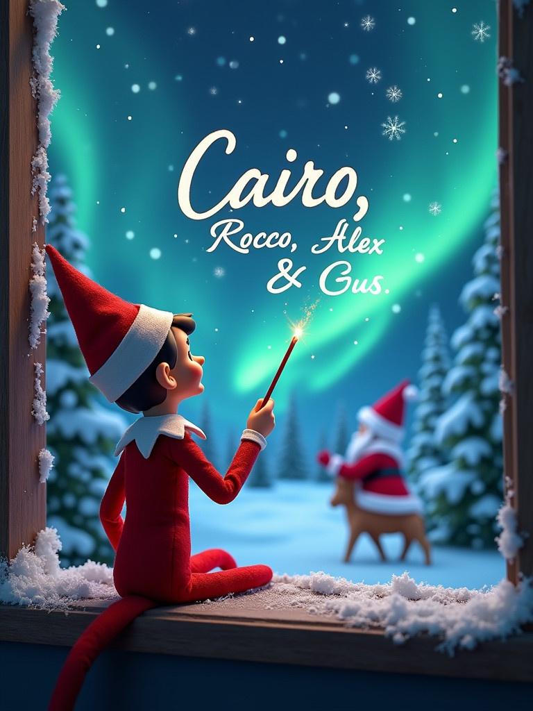 An elf gazes at the night sky. The elf writes 'Cairo, Rocco, Alex & Gus' in the air with a magical wand. Snow-covered trees and northern lights form the backdrop. Santa Claus can be seen in the distance. The scene embodies festive wonder and cheer.