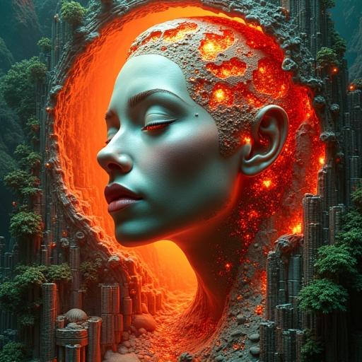 Ancient alien civilization depicted with a colossal mandala looking futuristic. City contours grow from a central figure. Vibrant streetlights meet lush green vegetation and ancient ruins. Woman-like face becomes radiant heart of abstract mass framed by patterns. Closed eyes exude mysticism in chaos. Ethereal glow accentuates her skin against fiery lava. Jagged cracks and sharp structures orbit her presence. Colors flow vibrantly around her while she remains still, commanding beauty in a surreal universe.