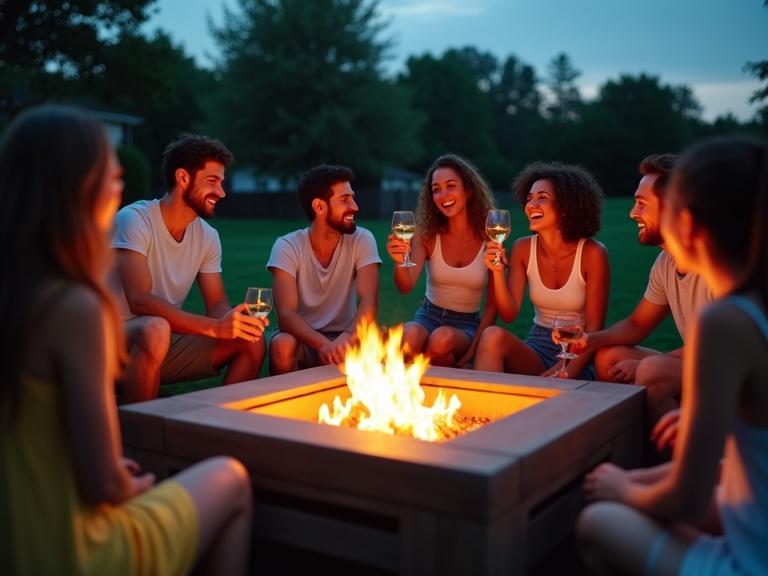 Photograph shows outdoor gathering by a fire pit at dusk. Six people around fire smiling and talking. Warm orange hues contrasted by twilight sky. Rectangular fire pit in middle with glass front. Friends dressed casually. Serene outdoor setting. Relaxed and convivial atmosphere.