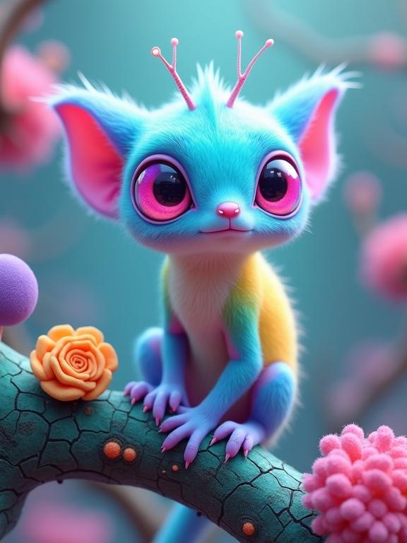 A whimsical, vividly colored fantasy creature sits on a textured branch. The creature has a glowing cyan blue head with pastel pink snout and huge lavender-pink eyes. Body color gradients from vivid yellow to mint green. Features include insect-like antennae, soft velvety fur, and elongated limbs. The branch resembles fantastical coral with vivid pink and orange forms. Background is a dreamy blue, violet, and pink gradient.