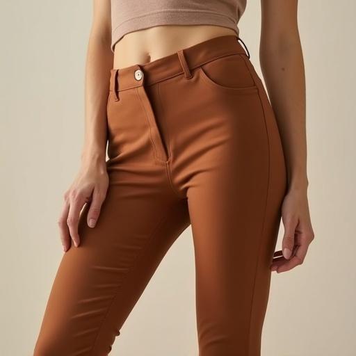 Model wearing form-fitting trousers in earthy tones. Trousers contour to hips and legs. Fabric is smooth with subtle folds. Appearance is refined and tasteful. Model has a slim waist and shapely figure. Soft natural lighting enhances the look. Clean background highlights the outfit.