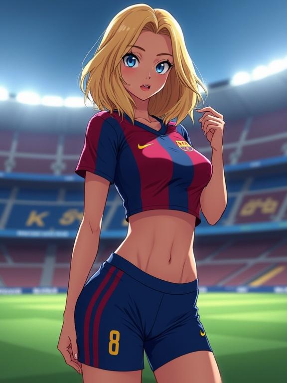 Digital anime illustration of a female character in a form-fitting FC Barcelona jersey. Hair is blonde and shoulder-length. Character poses seductively on a soccer field. Background includes stadium architecture and lighting effects.
