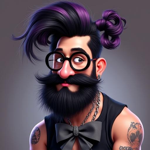 Character design featuring exaggerated facial features. Person has light tan skin with tattoos. Large beard with purple and lilac colors. High, voluminous curly hair with similar color scheme. Heavy makeup with dark eyeliner. Wearing a sleeveless black shirt and large bow at the neck. Accessorized with a necklace and earrings. Background is blurred for emphasis.