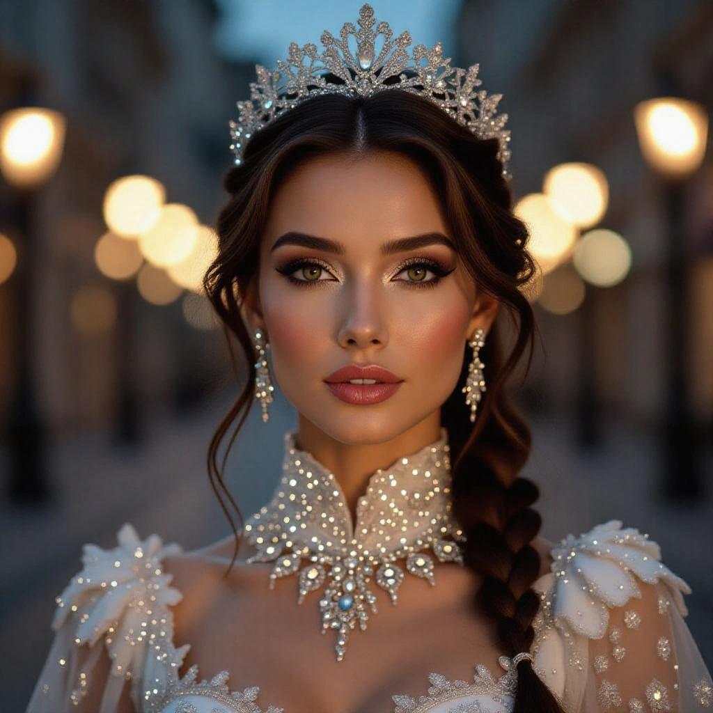 Close up of a beautiful actress wearing a majestic costume at night. Extreme lighting creates a rich visual appearance. High detail and enhanced features.