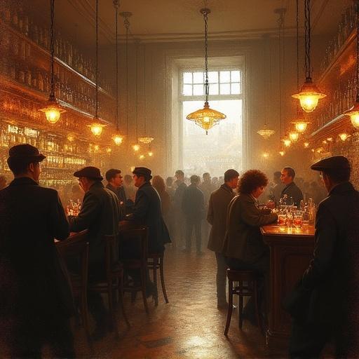 crowded bar in a vintage European-inspired setting. Digital painting with painterly illustration style. Soft textured brush strokes captured. Warm, muted color palette with subtle canvas texture. Semi-realistic art featuring painterly shading and soft light transitions.