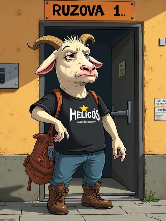 Cartoon style scene of a humanoid goat at an apartment entrance. Goat wearing black shirt with HELGOS. Holding a hammer. Tool bag over shoulder. At open elevator door. Sign above reads RUZOVA 1. Bright sun shining with heat waves. Goat frowning and looking grumpy. Exaggerated humorous expression. Colorful cartoon style.