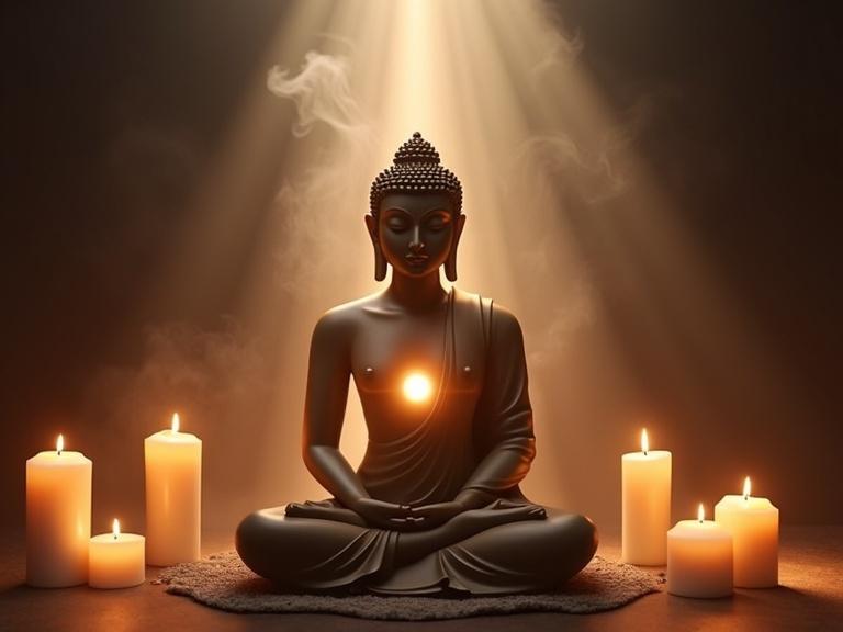 A meditation center featuring a Buddha statue in the center surrounded by candles and incense smoke. Rays of light emerge from the Buddha's chest, creating a serene atmosphere.