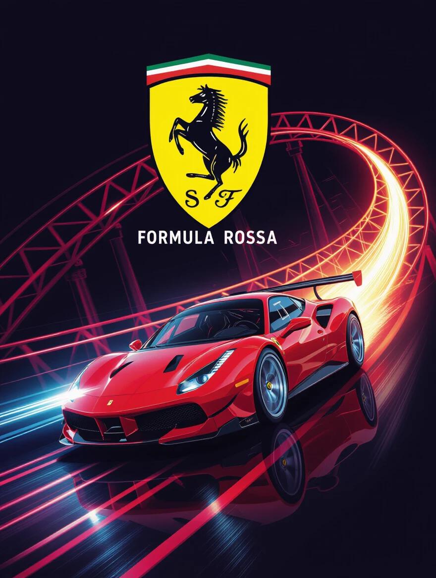 Poster design featuring Ferrari Prancing Horse logo combined with Formula Rossa design lines. Incorporation of dynamic lighting effects simulating rollercoaster speed. Rich and deep colors with strong contrasts.