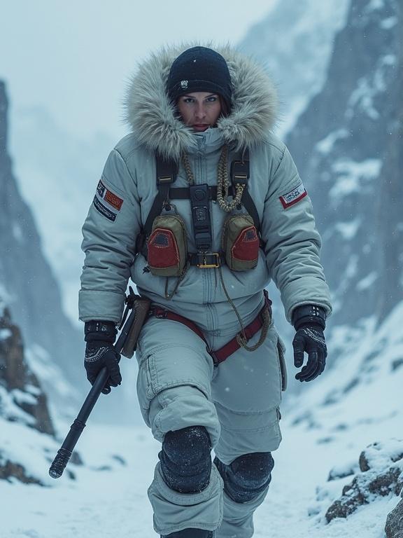 Person wearing a winter expedition outfit with fur hood walking in snowy terrain. Mountainous background with overcast sky. The outfit includes tactical elements. Snowflakes are visible in the air.