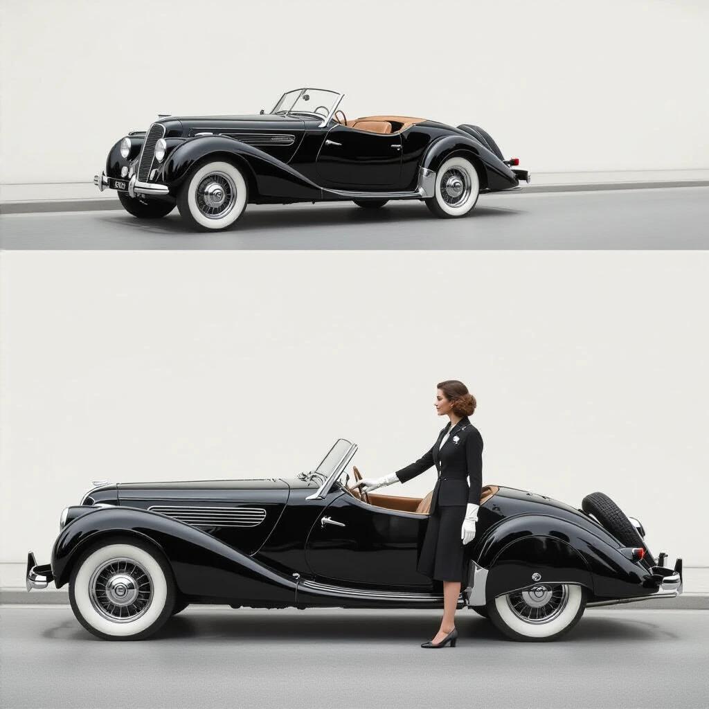 Cinematic elegance captured in an urban scene. A 1936 BMW 328 Roadster is parked. A woman in a wool suit with white gloves stands beside the car. Her finger traces the BMW roundel. The backdrop features an Art Deco cityscape at dusk. Neon reflections enhance the scene with soft lighting.