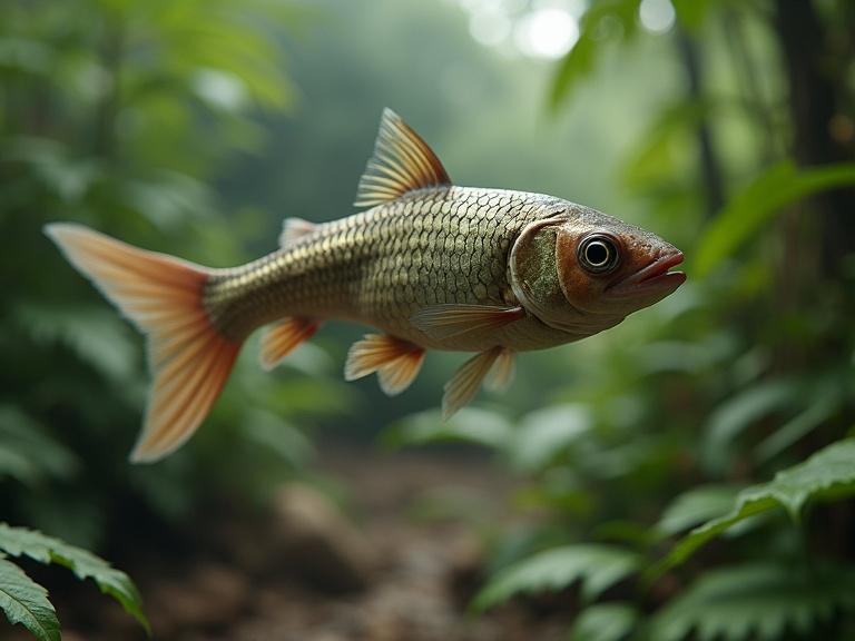 A hybrid creature combining features of a guppy fish and an Indian Runner Duck. The creature has fish scales and a streamlined body resembling a guppy. It moves through a vivid jungle landscape filled with greenery and foliage. The art presents a fantastical and hyper-detailed vision using modern digital techniques.