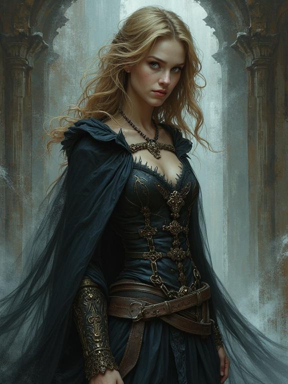 Dark fantasy book cover art featuring a beautiful girl in revealing attire. Setting includes gothic architecture and an enchanting atmosphere. Intricate details in clothing and accessories, with emphasis on fantasy elements.