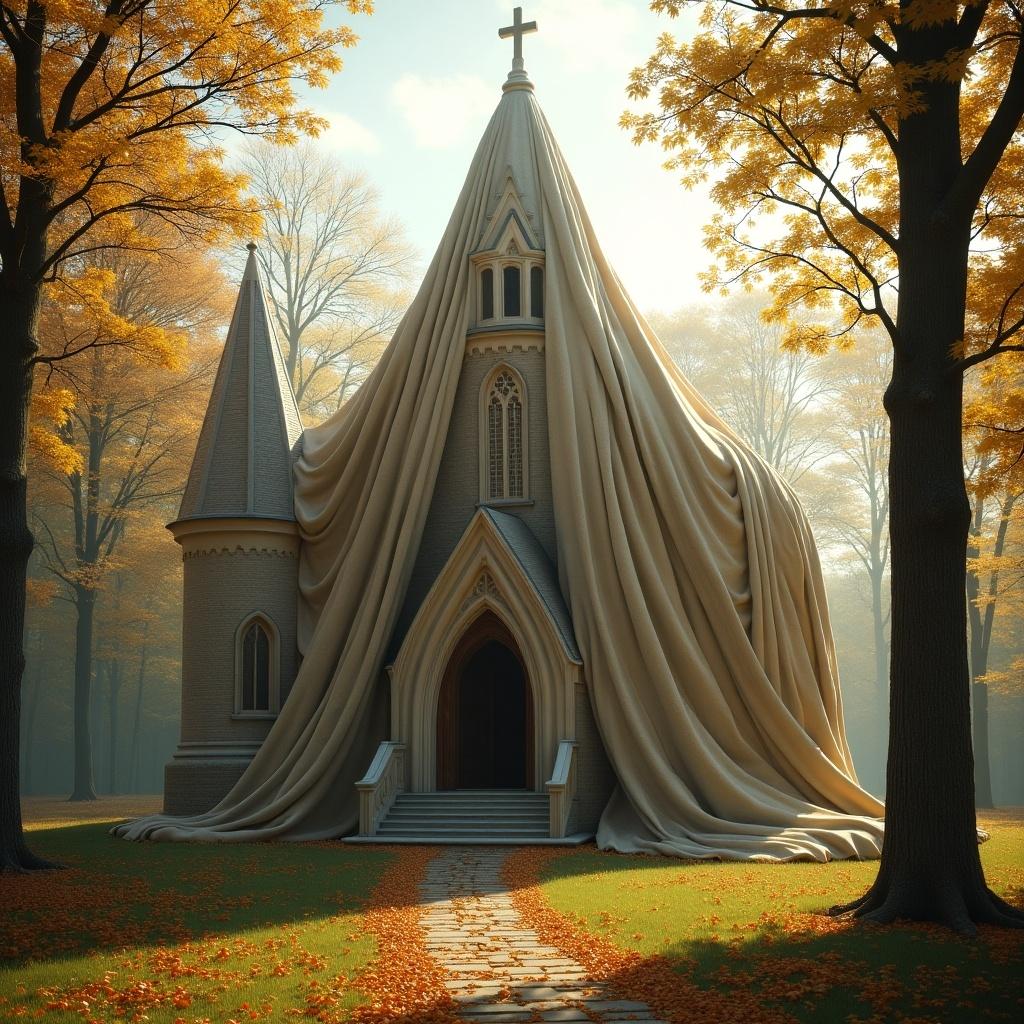 In a serene autumn setting, a unique church stands completely wrapped in a large, soft blanket that flows gracefully to the ground. The church features traditional Gothic architecture, complete with spires and intricate designs. Surrounding the church are vibrant orange and yellow leaves, contrasting beautifully with the fabric draping the church. A winding stone path leads to the entrance, inviting visitors to come closer. Sunlight filters through the branches of tall trees, creating a warm and tranquil atmosphere.