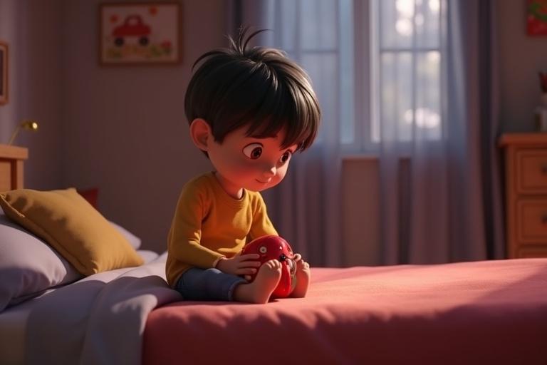 A 4K ultra-HD 3D animated scene shows a 5-year-old boy sitting on his bed. He is looking down while clutching a red toy. The room has a warm atmosphere with soft morning light coming through the window.