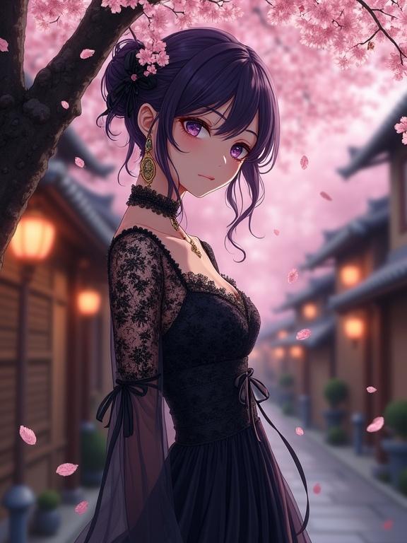 Highly detailed cinematic Japanese anime-style illustration. Full-body elegant woman with dark violet hair and eyes leans against a cherry blossom tree. She embodies elegance and quiet sophistication. Kyoto’s Philosopher’s Path setting with traditional machiya townhouses. Delicate cherry blossom petals fluttering in breeze. Warm lantern glow creates a dreamlike ambiance. Poised posture suggests serene contemplation. Woman wears a striking black lace dress with intricate patterns, sheer sleeves, fitted waist, flared hips, and a long skirt. Delicate lace patterns and satin ribbon accents are present. Refined facial features and large expressive eyes reveal thoughtfulness. Hair has floral pieces styled tousled by the breeze. Her accessories include a velvet choker, ornate pendant, and statement earrings. Cherry blossom petals dance around her, blending tradition and modern sophistication.