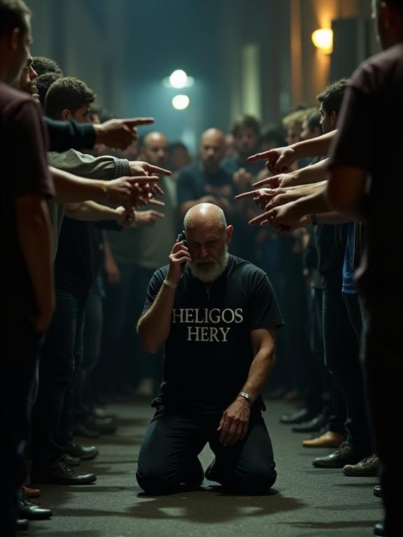 A tense circle of angry people surrounding an older bald man. He kneels in the center holding a phone to his ear. He wears a black t-shirt with 'HELGOS HERY'. His expression shows fear and desperation. The background is dimly lit urban space. The atmosphere is intense and dramatic.