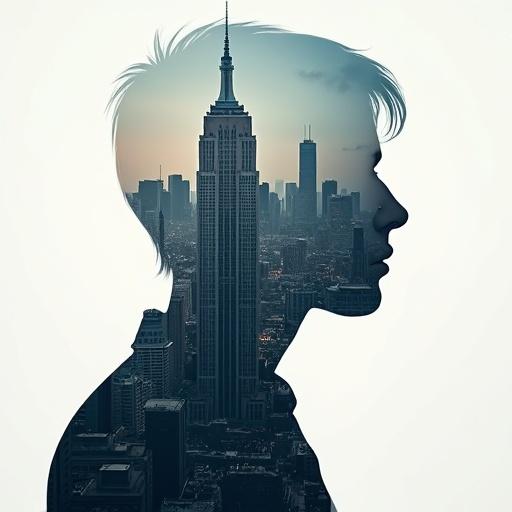 Surreal portrait of a person with a city skyline within their silhouette. Human profile in side view, showcasing short hair, superimposed over modern skyscrapers. Architectural details are visible in the silhouette. Background features a soft sky with clouds in dusk or dawn colors, creating a contemplative atmosphere. Realistic style with clean lines highlighting the double exposure effect.