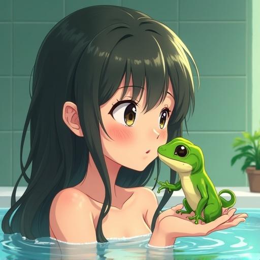 Anime style illustration of a girl in a bath holding a green gecko. She is sitting in water with a serene expression.