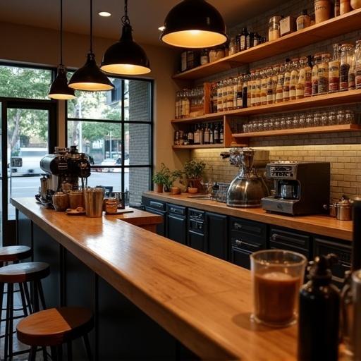 Stylish coffee shop interior design. Wooden bar with coffee equipment. Soft warm lighting from pendant lamps. Shelves filled with coffee supplies. Large windows provide a view outside.