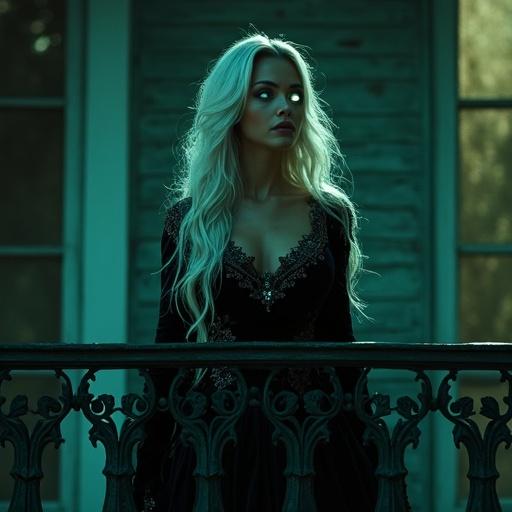 At night, from outside view. A beautiful mysterious woman on a balcony. Long silver hair shines in moonlight. Emerald eyes glow faintly. Elegant dark velvet gown with embroidery. Background shows textured wall of neighboring house. Intimate and mysterious atmosphere, cinematic lighting.