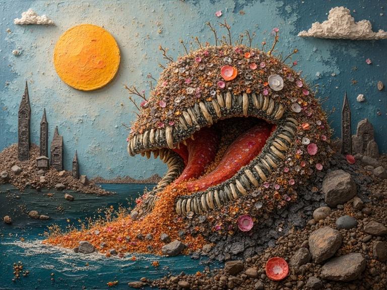 Masterpiece 3d multi-layered artwork with abstract creature. Mixed media elements include newspaper and jute fibers. Textured with sand, glittering confetti, and origami scraps. Luminous colors create depth. Stunning composition with emotional impact.