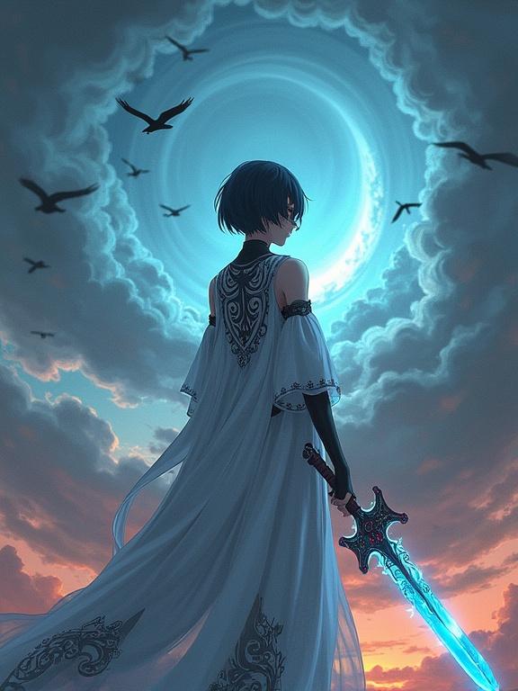 Digital illustration of a mysterious female warrior standing with her back to the viewer. She wears flowing white robes with black patterns. She holds an ornate sword with a blue glow. Dark clouds swirl around her. Birds soar through the sky. The scene is dramatic and magical.