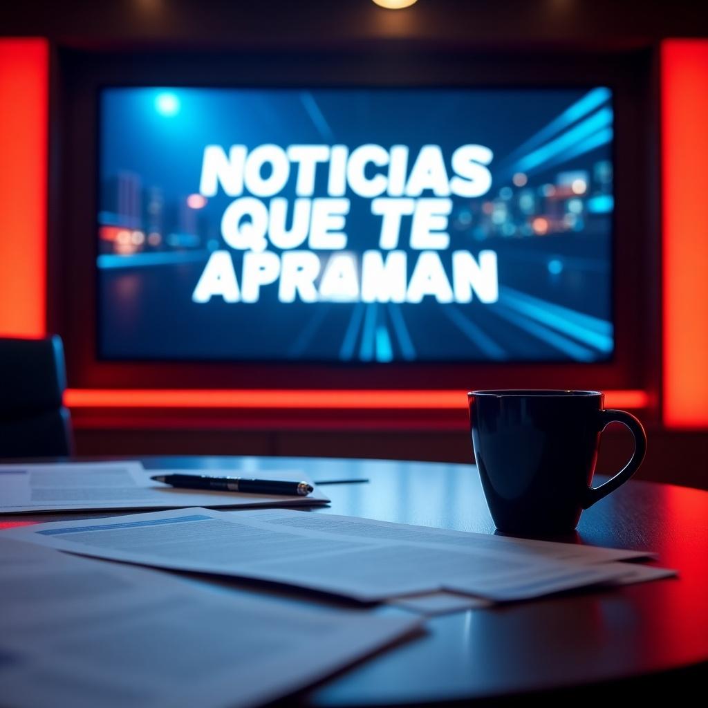 A contemporary news desk featuring a headline on a screen. The desk has various documents and a black coffee mug. Red and blue lighting enhances the modern feel. This scene relates to media and journalism.