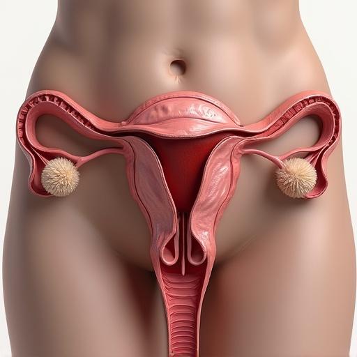 Anatomically correct hyperrealistic illustration of the vagina and uterus in high resolution. The image shows real proportions and details prominently.