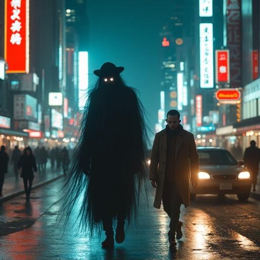 A shadowy jin figure with misty tendrils follows a human man through a busy city street. Skyscrapers and neon billboards can be seen. The atmosphere is dramatic with realistic lighting casting long shadows. The jin's face is undefined. The man wears a worn coat and walks briskly. The background is a blur of motion with vibrant colors and illuminated storefronts.