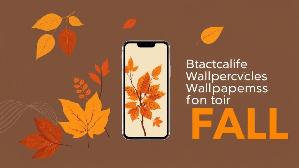 A digital art illustration featuring a smartphone displaying fall-themed wallpaper, surrounded by autumn leaves and fall-themed colors, with promotional text about wallpapers for the fall season.