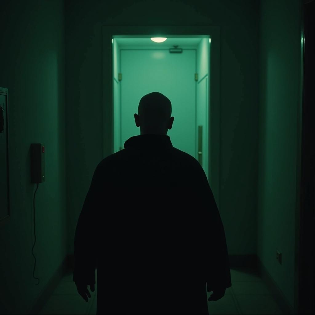 Creepy man with bald head stands at a door. Wearing a dirty black robe. A shadowy silhouette in a dimly lit hallway. The scene has a pastel green tonal color scheme. Emphasizes mystery and horror. Represents contemplative silence and eerie ambiance. Captured in a cinematic film style with bokeh effects.