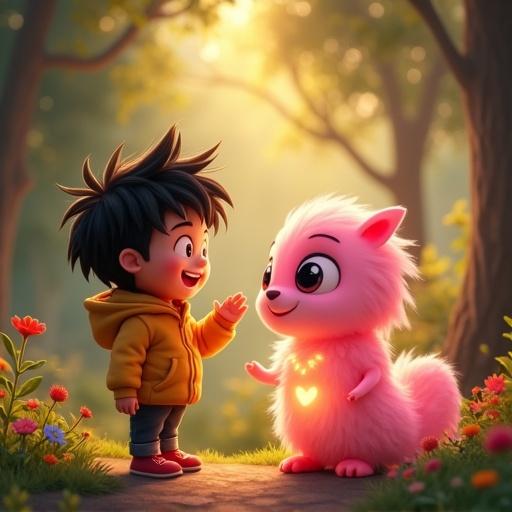 Whimsical animated scene in a lush enchanted forest at dusk. A young boy with spiky black hair in a yellow jacket and red shoes smiles at a friendly glowing pink creature. The forest has vibrant flowers and dappled sunlight creating a magical atmosphere. The interaction conveys wonder and friendship.