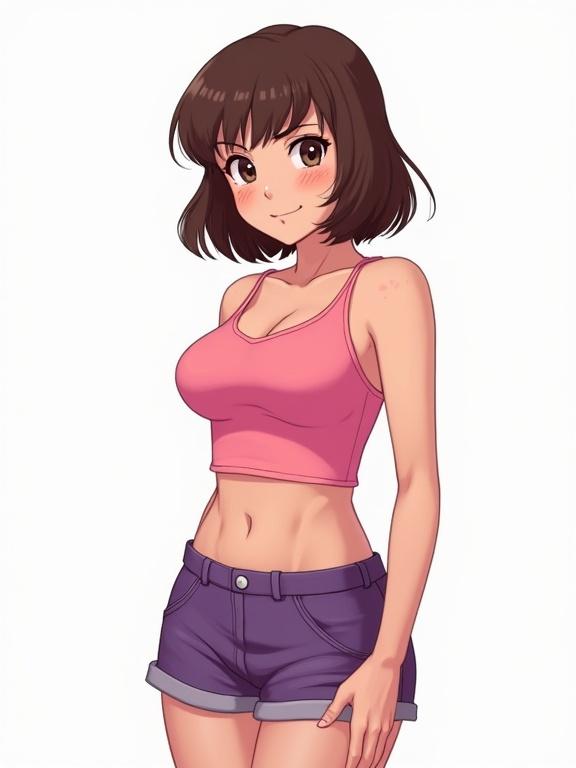 Stylish teenage girl in a pink top and purple shorts. Girl has bob hairstyle and brown eyes. Background is plain white. Features a pinup style influenced by Archer TV series art style.