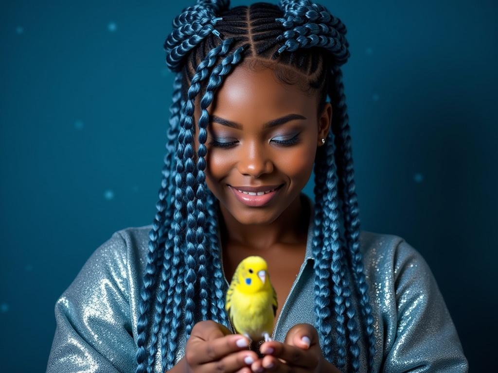 The image showcases a Hispanic female with dark skin, adorned with intricate braids that have a shimmering blue tint. She wears a sparkly outfit that complements her unique hairstyle, reflecting shades of blue and silver. In her delicately posed hands, she holds a small cheerful budgerigar, which adds a playful element to the composition. The background features deep blues, enhancing the vibrant colors of her outfit and hair. The overall aesthetic is ethereal, blending elements of beauty and nature.