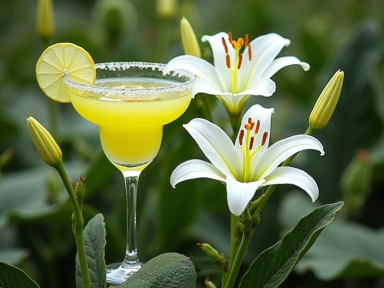 Margarita cocktail served in a glass with a lemon slice. Surrounded by white lilies, buds, green leaves, and delicate floral arrangements.