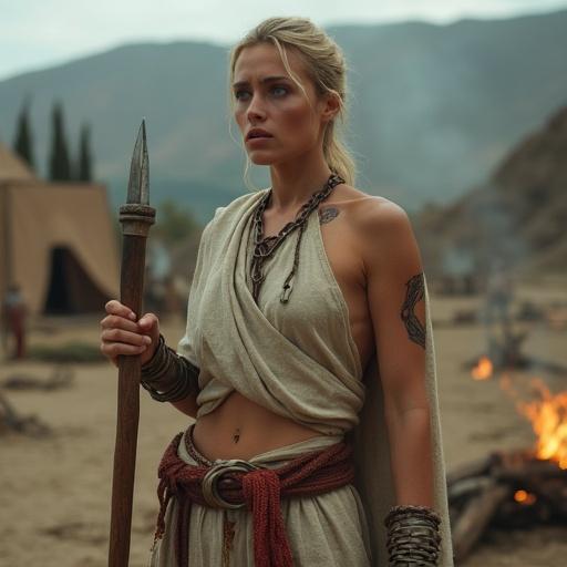 A woman in ancient Persian attire poses with a spear. She shows muscles and tattoos. The background features a battlefield with mountains and tents. The lighting is dramatic and emphasizes her physique.