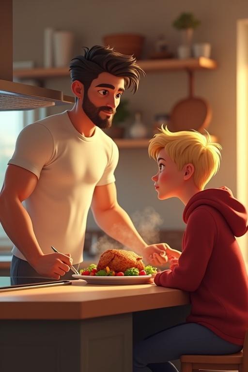 Highly stylized cartoon scene in a Pixar-style 3D animated universe. Modern kitchen with warm light. Muscular man wearing casual clothes placing roasted chicken on a plate. Young woman in red hoodie watching him with appreciation. Cozy and intimate atmosphere with steam rising from food.
