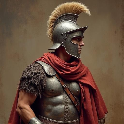 An Iberian warrior standing in traditional armor. The warrior wears a bronze helmet with a plume. The armor exhibits intricate designs. A red cloak drapes over one shoulder. The background features a muted texture. The overall appearance reflects strength and valor.