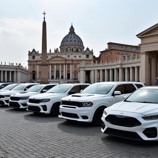 A lineup of white cars at St. Peter's Square. Vehicles shown include Dodge Challenger Hellcat, Chrysler Pacifica, Dodge Durango SRT, Chrysler 300 SRT, Jeep Wagoneer, and Ram 2500.