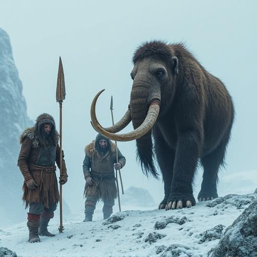 Neanderthals depicted in a snowy Antarctic environment. Hunters wear leather clothes and hold spears. A mammoth is featured prominently, showcasing a prehistoric setting.