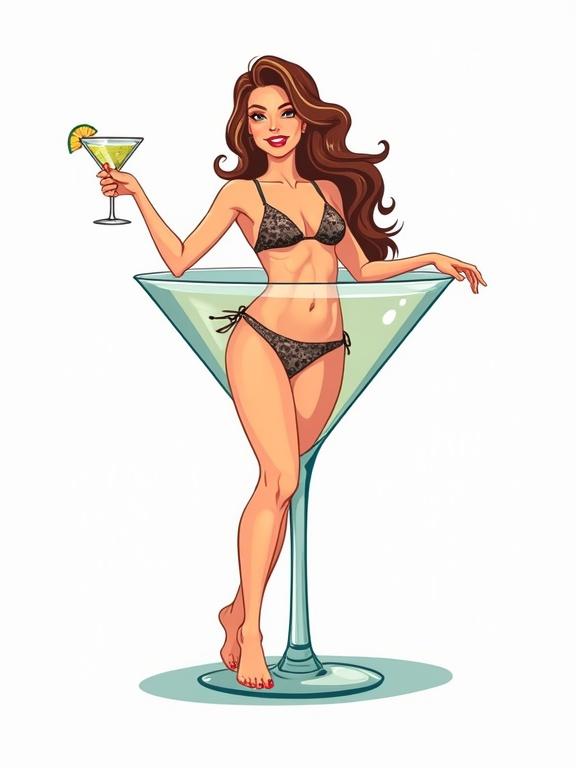 A vintage-style illustration featuring a girl with a beautiful smile wearing a bikini inside a large martini glass. She holds a cocktail and stands on bare feet. The art is in flat vector graphic style with line art, set against a white background.