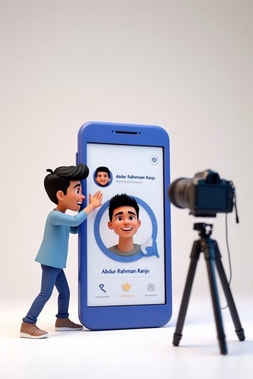 Young male character in Pixar Disney 3D style poses beside a giant smartphone showing a Facebook profile named Abdur Rahman Ranju. A Canon T5i camera on a tripod captures him. Studio features off-white background and soft cinematic lighting, creating a vibrant playful atmosphere.