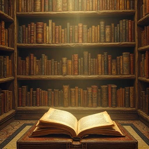 An open ancient book in a library filled with old books on wooden shelves. Soft warm lighting illuminates the space, creating a cozy reading atmosphere.