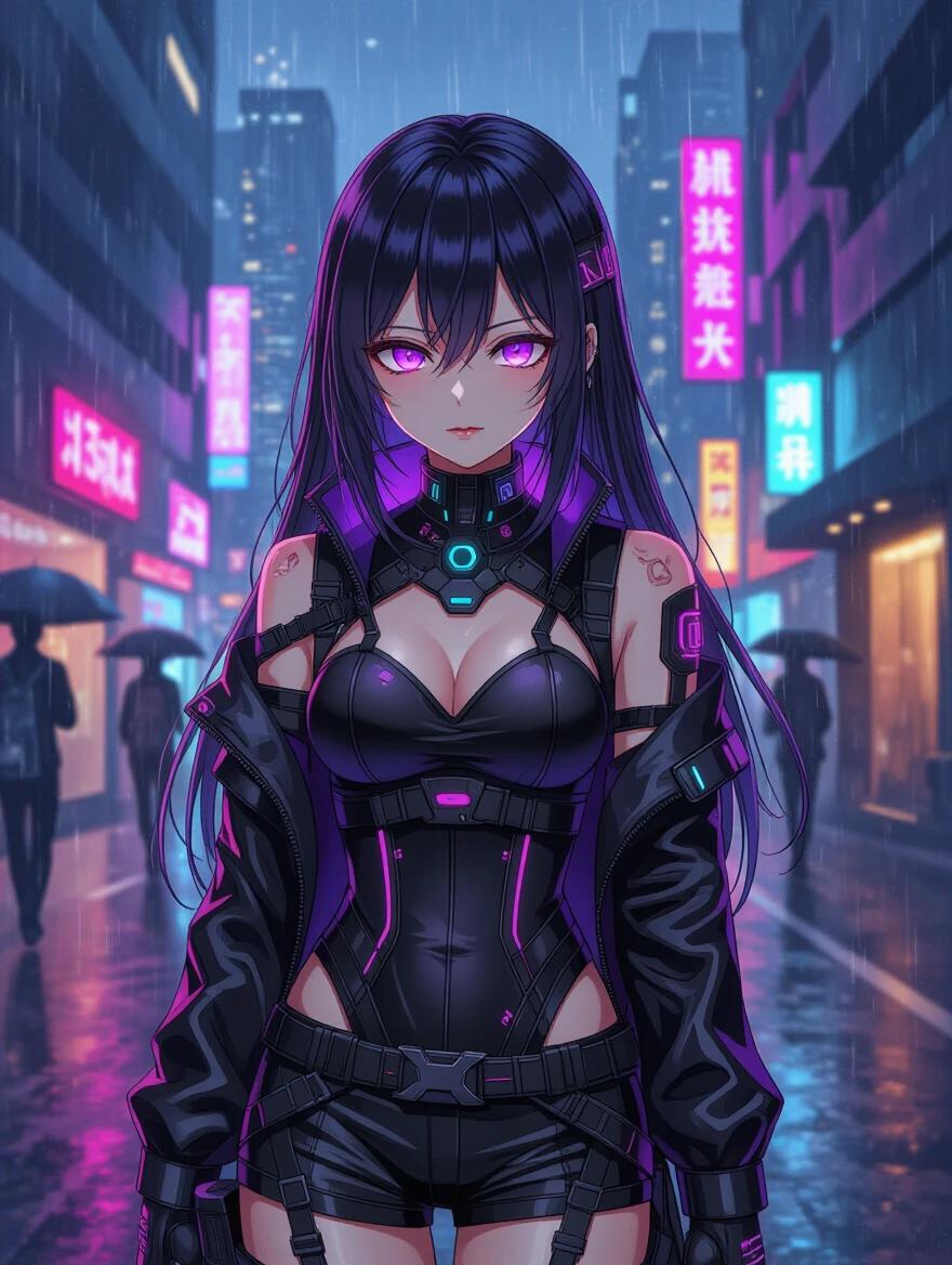 Anime-style illustration. Gothic cyberpunk girl with long dark hair. Neon glowing eyes. Futuristic black and purple outfit. Cybernetic enhancements. Standing in rainy neon-lit city street. Nighttime atmosphere. Dramatic lighting. Highly detailed digital art.