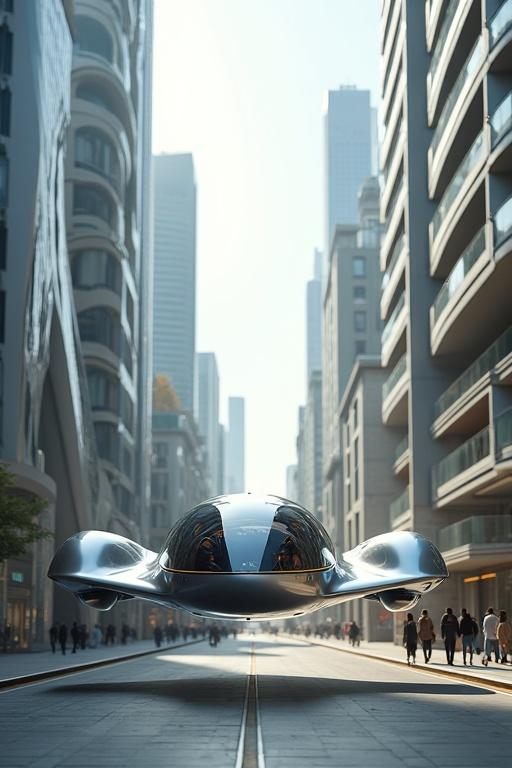 Futuristic street scene in a European city with tall skyscrapers. Sleek silver hybrid hovering car with transparent cabin. Environmentally harmonious atmosphere.