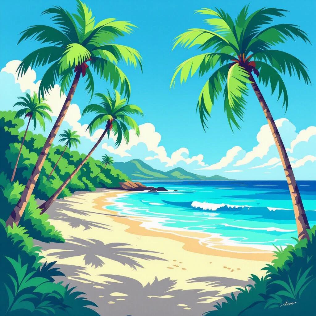 A vibrant illustration depicting a tranquil beach scene with tall palm trees on either side. Gentle ocean waves crashing on the shore, golden sand illuminated by sunlight, blue sky with fluffy clouds above. Green vegetation in the distance, creating a lively and peaceful atmosphere.
