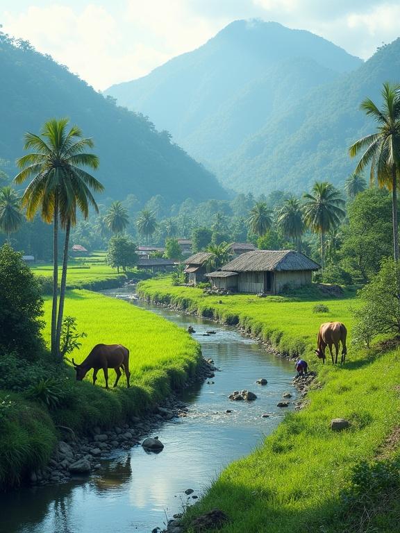 A serene rural landscape features a traditional village by a gently flowing river. The area has lush green fields and distant forested hills. Cows are grazing and drinking from the water. The scene includes thatched-roof cottages and palm trees. A villager is peacefully working near the stream. The image captures the harmony of nature and village life.