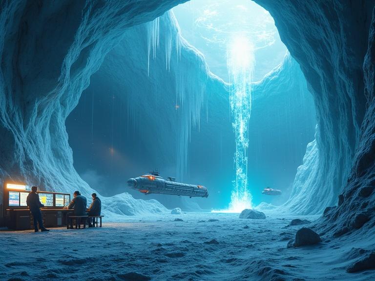 Futuristic Antarctic research scene shows advanced robotic submarines and drilling equipment exploring beneath ice. Scientists monitor data on holographic screens inside high-tech base. Under ice, glowing caverns, ancient rock formations, possible signs of hidden life. Cold bluish lighting, ultra-detailed, mix of science fiction and realism.