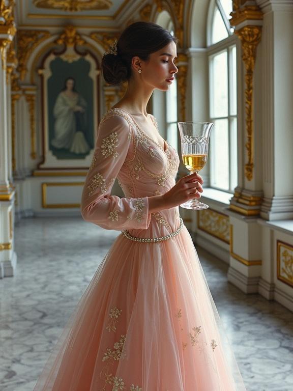 Solitary figure in baroque-inspired interior. She wears an elegant structured gown of opalescent satin. Gown has long sleeves and high neckline with pearl embroidery. Crystal goblet in hand filled with golden liquid. Hinged pearl chain on bodice. Soft light fills room with arched mirrors and gilded surfaces. Mood evokes stillness and refined beauty.